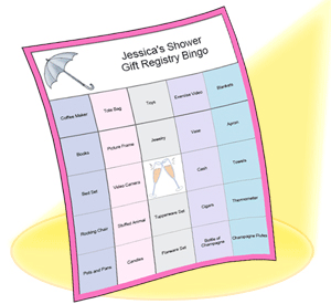 Example Bridal Shower or Baby Shower Gift Registry Bingo Game